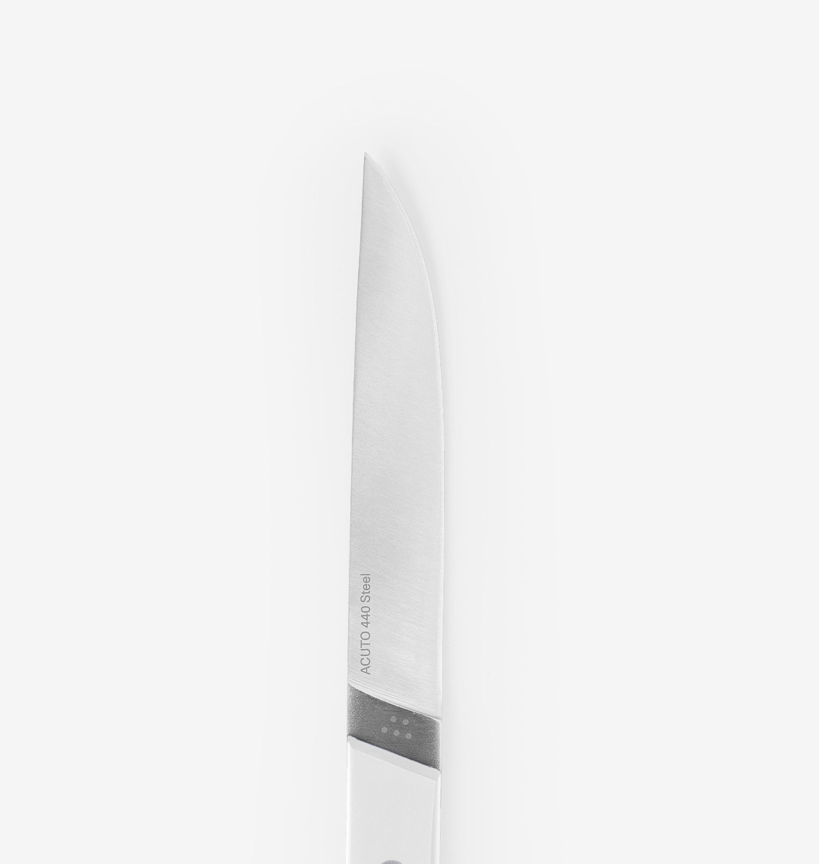 Acuto 440 steel knife blade close-up with white handle and brushed stainless finish