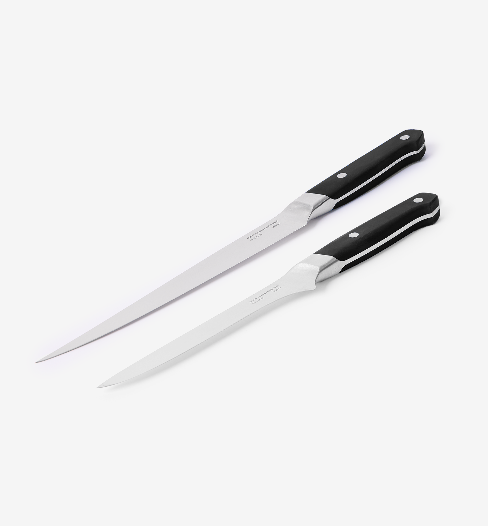 Two professional fillet knives with black handles and stainless steel blades